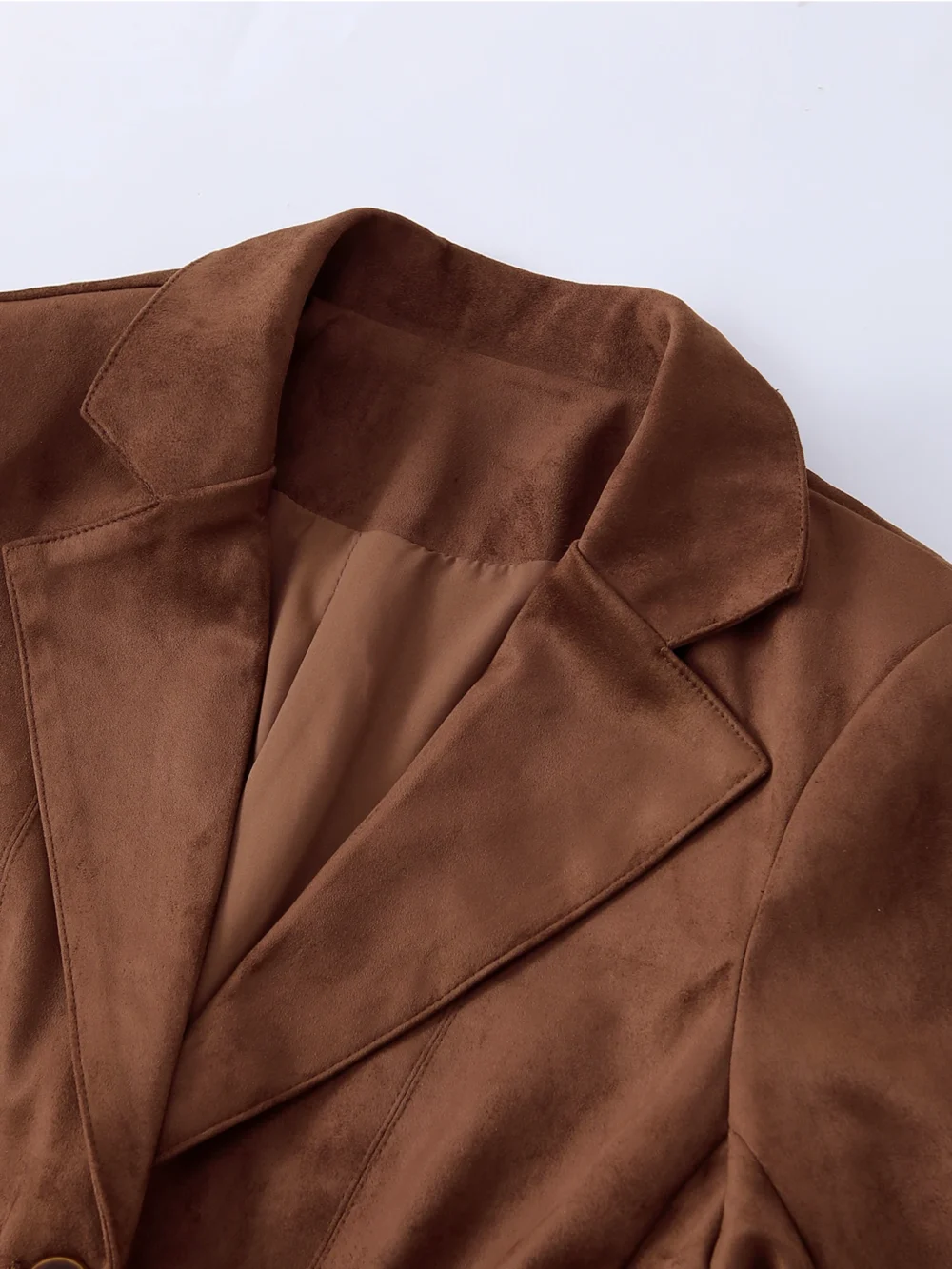 Women's Elegant Vintage Faux Suede Leather Blazer, Brown Single-Breasted Slim Fit Jacket, Office Casual Outerwear for Ladies