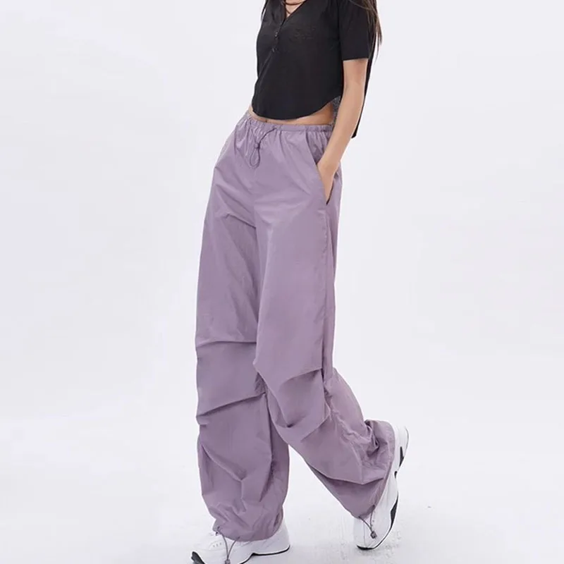 Summer Thin Women Parachute Pants Vintage Low-Waisted Baggy Joggers Sweatpants Female Y2K Streetwear Wide Leg Cargo Trousers