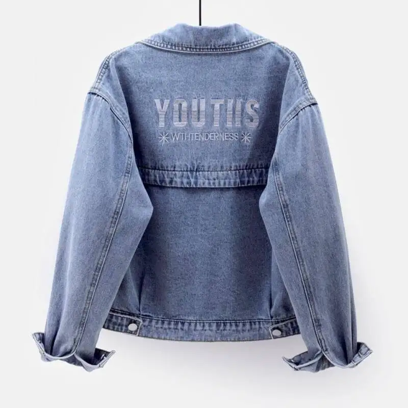Denim Coats Women Short Coat Single Breasted Casual Embroidery Turn Down Collar Y2k Streetwear Jackets Work Slim Fit Spring