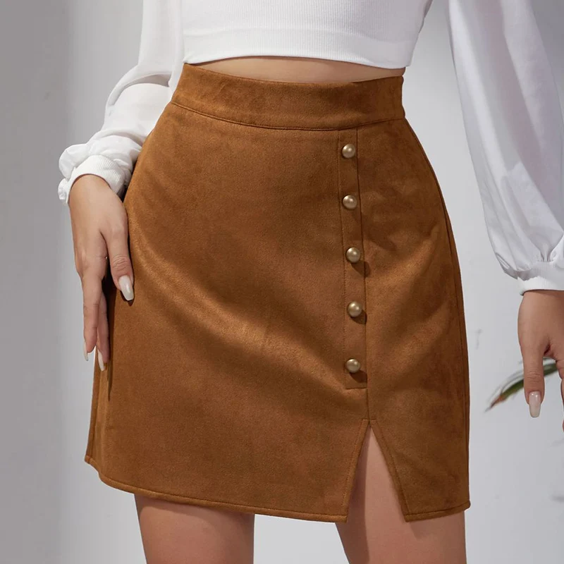 American Metal Button Detor Skirts Women Autumn Winter Sexy Slim Split Mini Skirt Woman Zipper Up Faux Suede Skirts Ladies