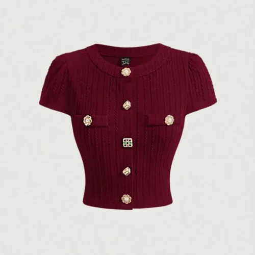 2026 New European & American Retro Elegant Burgundy Knit Cardigan - Short-Sleeve Slim Top, Versatile for Daily Outings