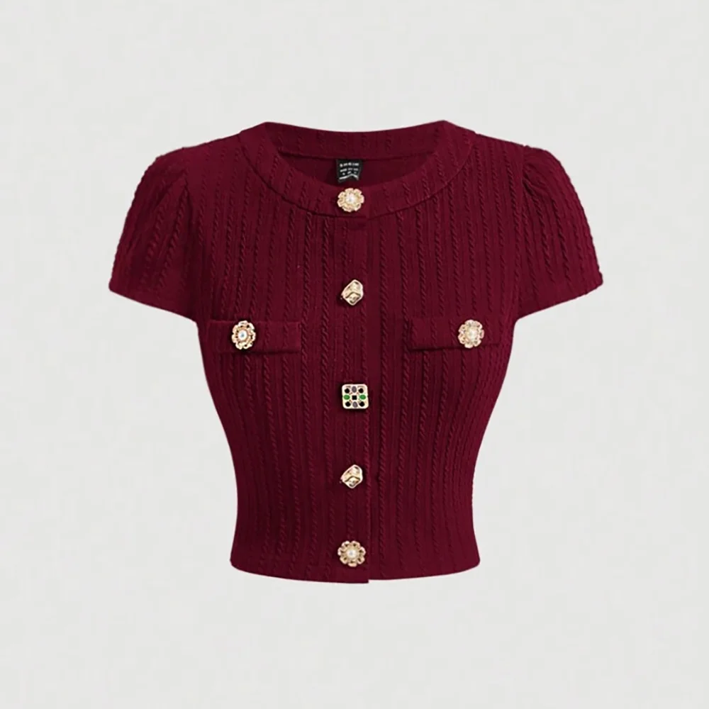 2026 New European & American Retro Elegant Burgundy Knit Cardigan - Short-Sleeve Slim Top, Versatile for Daily Outings