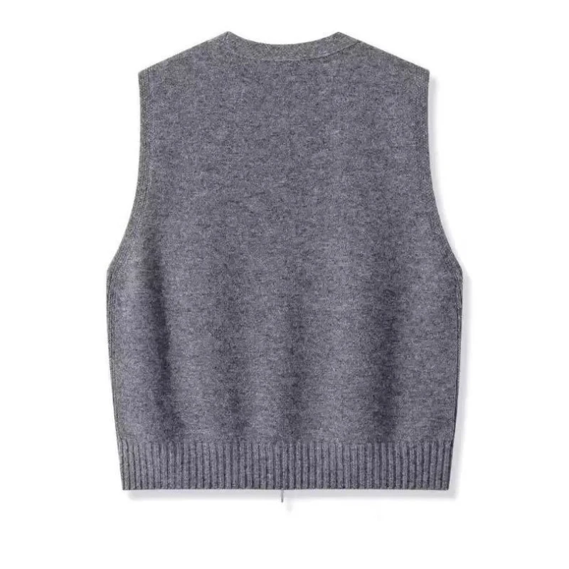 Women Knitwear Autumn Women Double Zipper V-neck Chic Simple Sleeveless Sweater Vest Out Wear Warm Gray Knitted Coat Cardigan