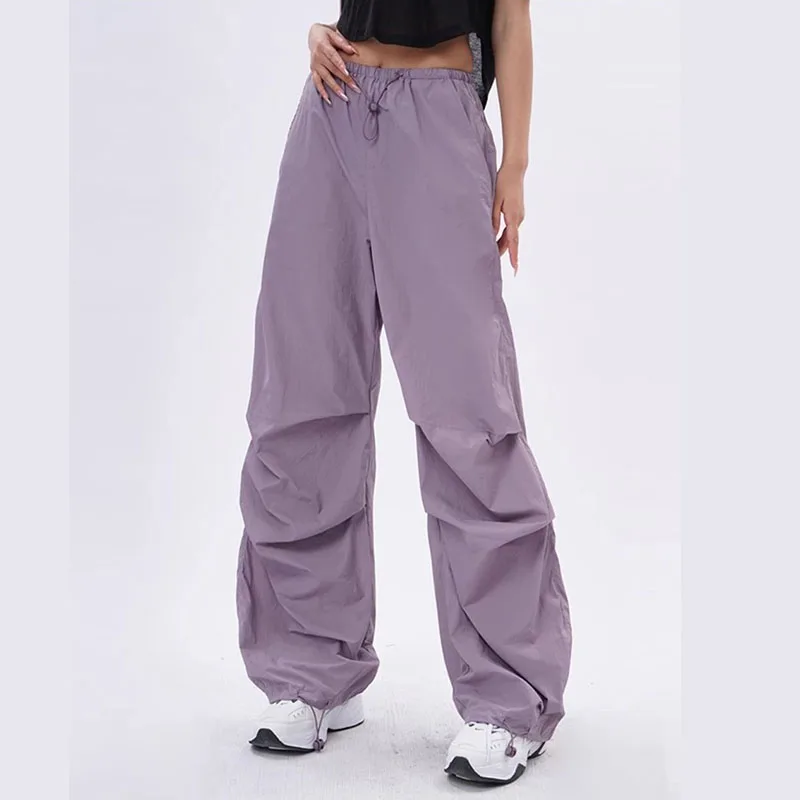 Summer Thin Women Parachute Pants Vintage Low-Waisted Baggy Joggers Sweatpants Female Y2K Streetwear Wide Leg Cargo Trousers