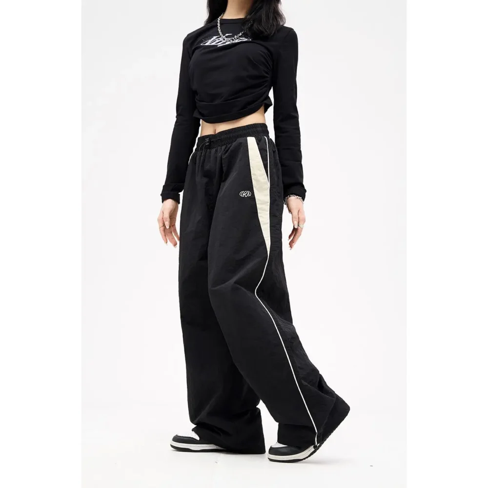 Retro Side Stripe Bowknot Wide Leg Pants Women High Waist Casual Sports Trousers Harajuku Cargo Pants Streetwear Hip Hop Joggers