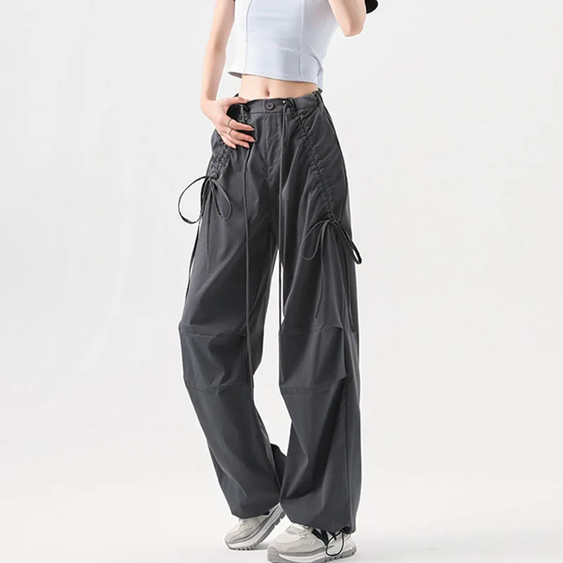 Y2K Harajuku Retro Parachute Pants Women Streetwear Personality Drawstring Cargo Pants Oversize Baggy Wide Leg Joggers Trousers