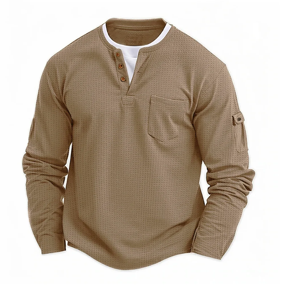 Men's New Button Henley neck Shirt Long Sleeve Casual Button Solid color T-Shirt Fashion Waffle Cotton Fake two-piece T-Shirt