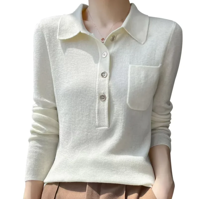 Women 100% Pure Merino Wool Soft Sweater Polo Collar Pullover Autumn Winter Casual Knit Tops Solid Color Regular Female Knitwear