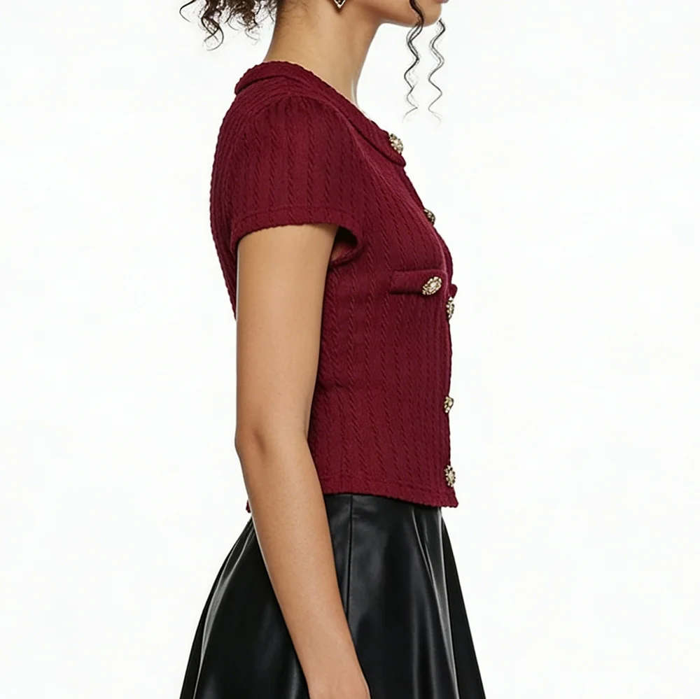 2026 New European & American Retro Elegant Burgundy Knit Cardigan - Short-Sleeve Slim Top, Versatile for Daily Outings