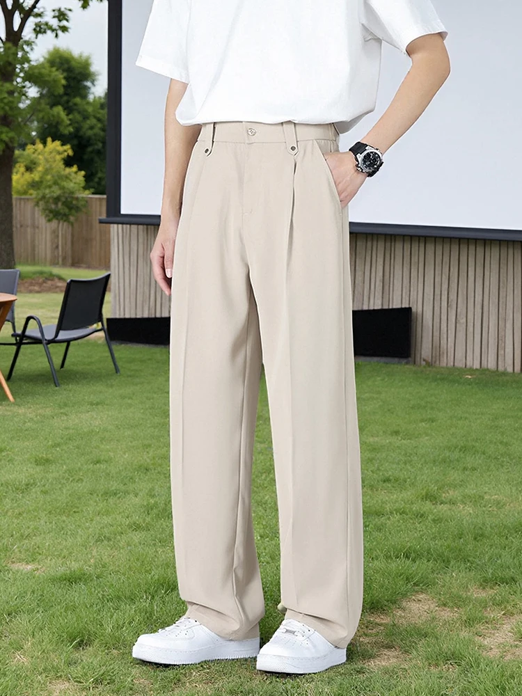 Men's Summer Casual Pants Korean Fashion Banding Waist Light and Thin Straight Slacks Basic Commute Suit Pants