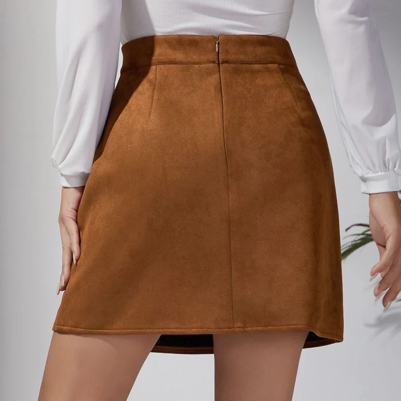 American Metal Button Detor Skirts Women Autumn Winter Sexy Slim Split Mini Skirt Woman Zipper Up Faux Suede Skirts Ladies