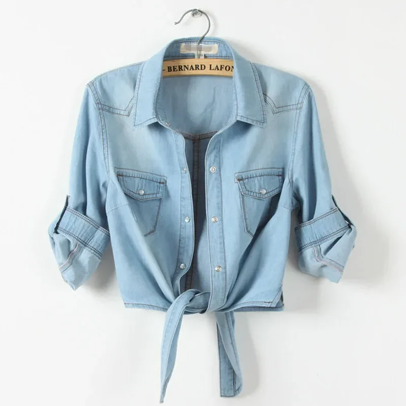 Spring Summer Curly Short Sleeve Thin Denim Jacket Female 6xl fashion Slim Knot Shirt Shawl Women's Outerwear Short Casual Tops