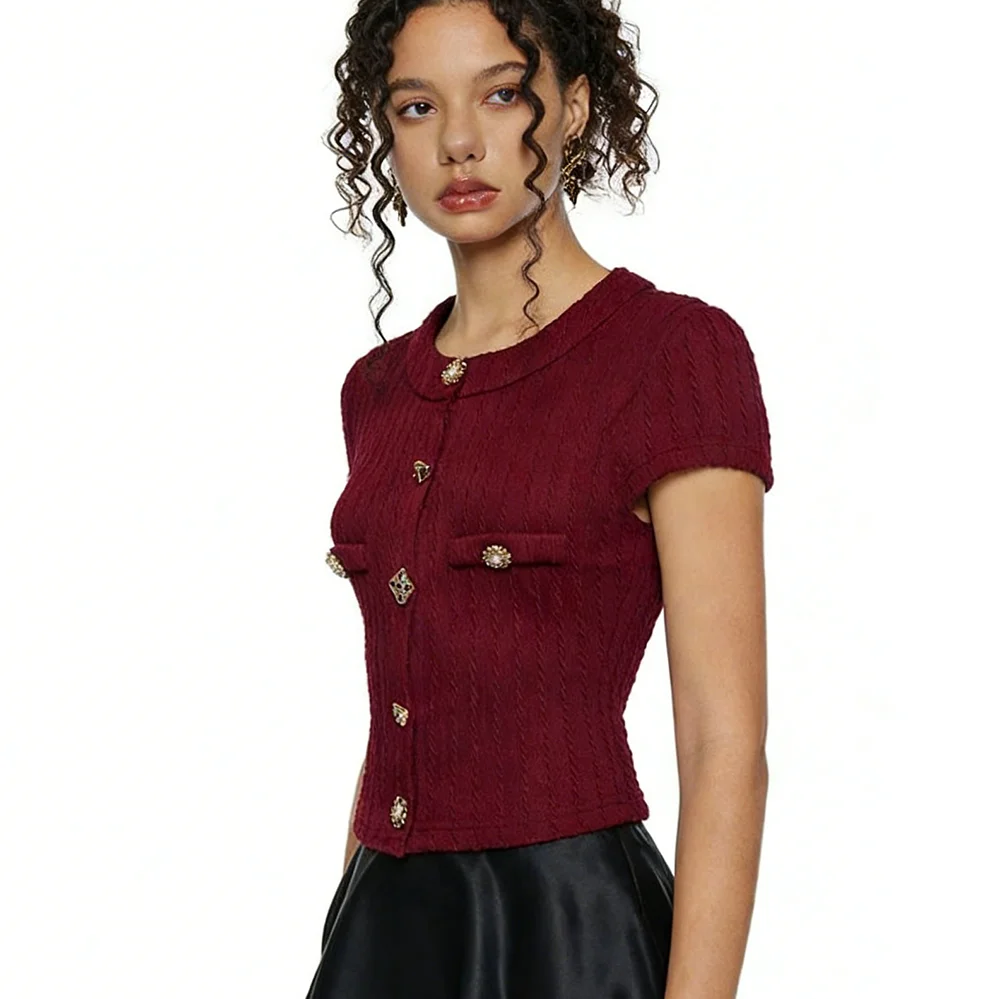 2026 New European & American Retro Elegant Burgundy Knit Cardigan - Short-Sleeve Slim Top, Versatile for Daily Outings