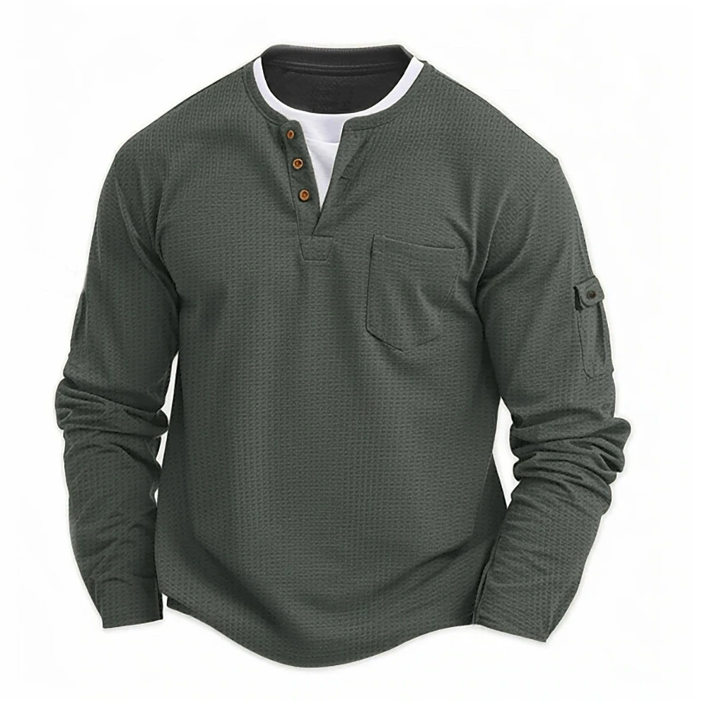 Men's New Button Henley neck Shirt Long Sleeve Casual Button Solid color T-Shirt Fashion Waffle Cotton Fake two-piece T-Shirt