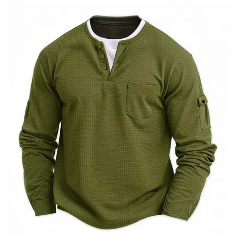 Men's New Button Henley neck Shirt Long Sleeve Casual Button Solid color T-Shirt Fashion Waffle Cotton Fake two-piece T-Shirt