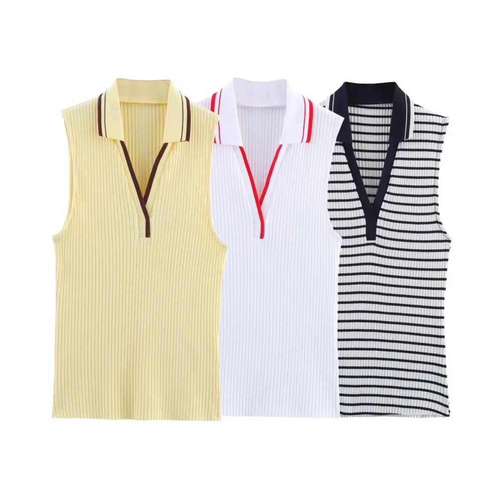 Summer New Fashion Style Ribbed Sleeveless Polo Collar T-shirt Sports Style Polo Shirt Vest Top Women's Clothing