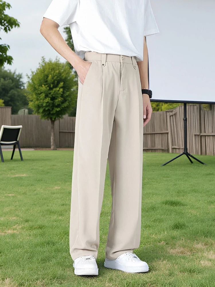 Men's Summer Casual Pants Korean Fashion Banding Waist Light and Thin Straight Slacks Basic Commute Suit Pants