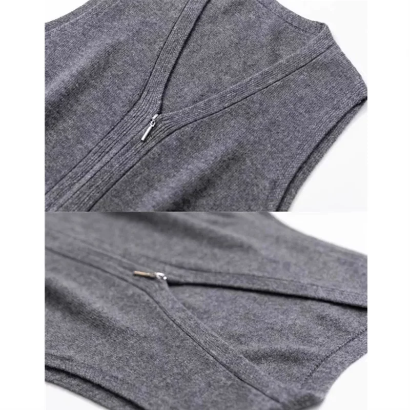 Women Knitwear Autumn Women Double Zipper V-neck Chic Simple Sleeveless Sweater Vest Out Wear Warm Gray Knitted Coat Cardigan