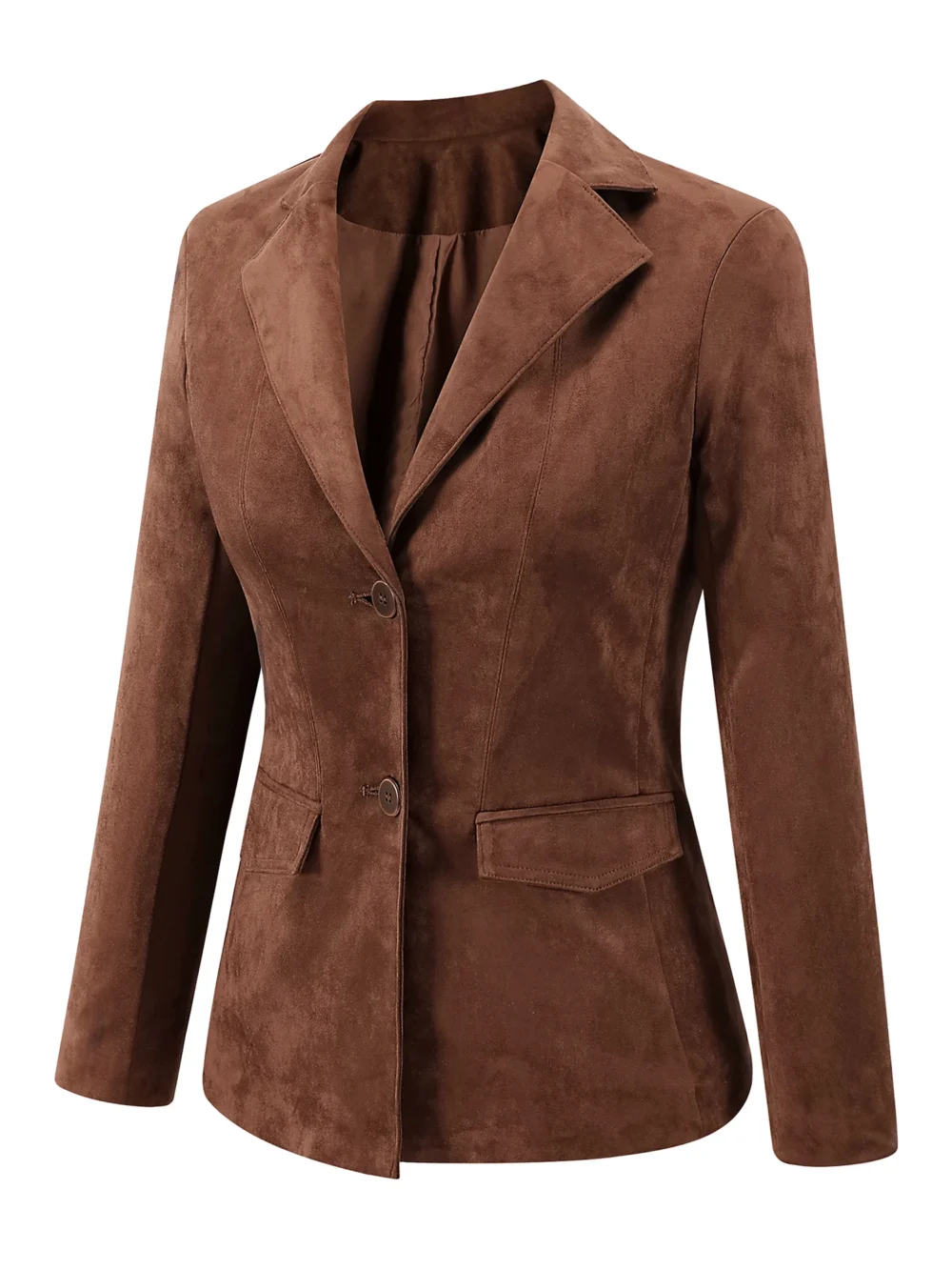 Women's Elegant Vintage Faux Suede Leather Blazer, Brown Single-Breasted Slim Fit Jacket, Office Casual Outerwear for Ladies
