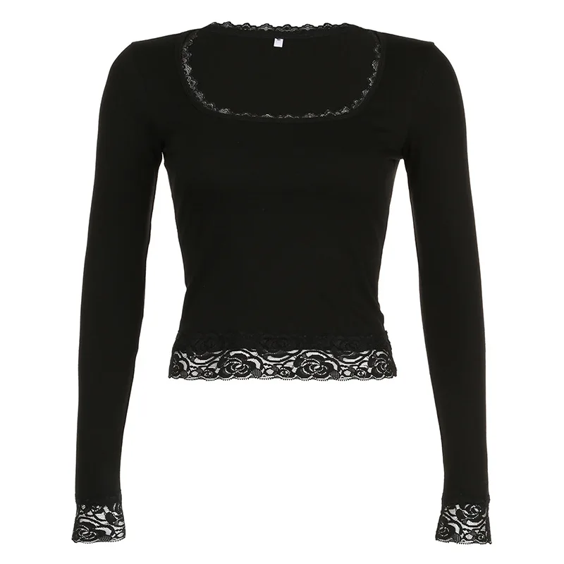 2000s Graphic T Shirt Vintage Fairy Grunge Women Autumn Lace Trim Long Sleeve Slim Fits Tops y2k Clothes Basic Harajuku Tees
