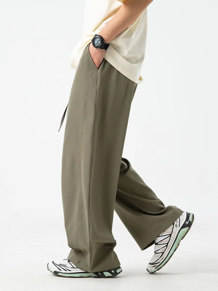 2026 Men's Ice Silk Wide Leg Pants Thin Man Black Comfortable Quick Drying Pants Summer Loose Casual Streetwear Loose Trouser