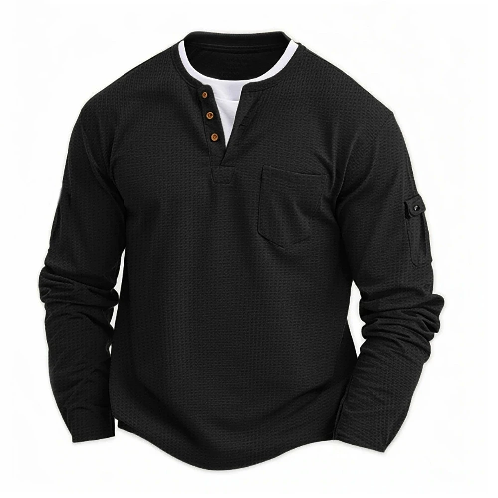 Men's New Button Henley neck Shirt Long Sleeve Casual Button Solid color T-Shirt Fashion Waffle Cotton Fake two-piece T-Shirt