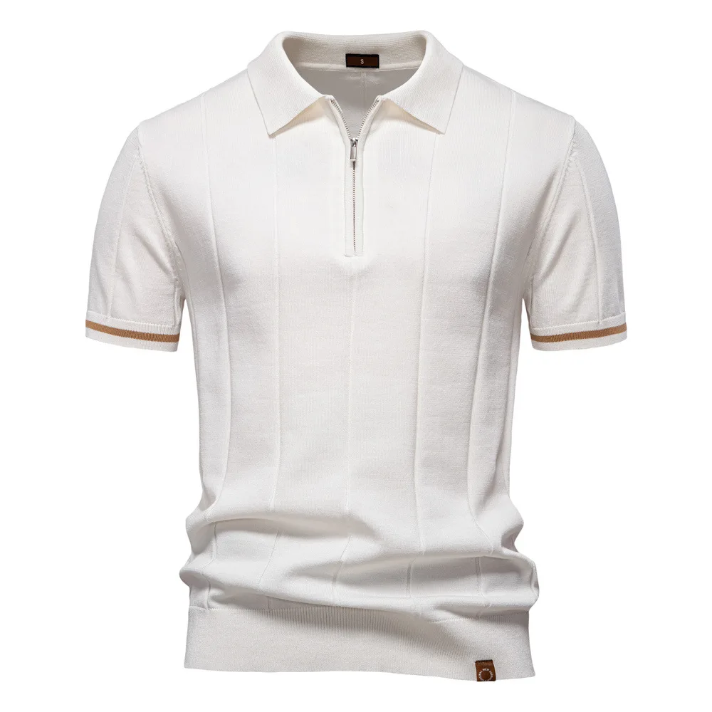 New men's business casual short-sleeved fashion trend knitted POLO shirt with lapel and half-zip pullover design
