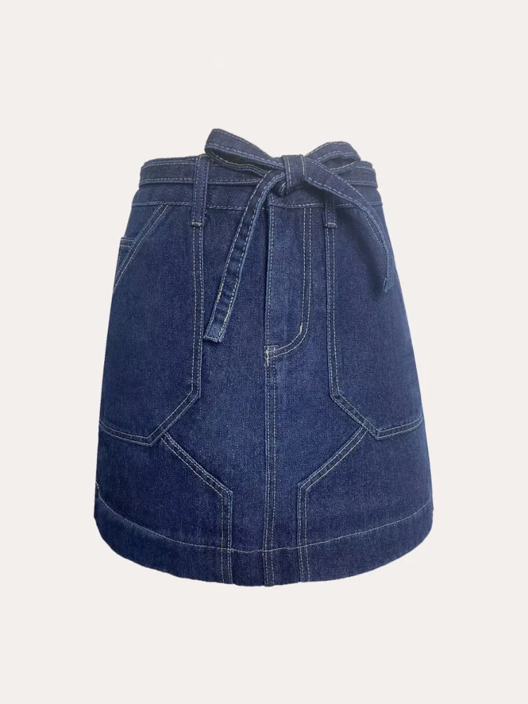 Women's Spring Summer Vintage Denim Mini Skirt Non-Stretch High Waist Belted Casual Streetwear Korean Y2K Fashion A-Line Skirt