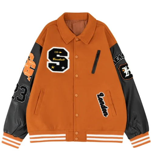 Men's Bomber Jacket Faux Leather Sleeves Varsity Coat Vintage Letterman Lapel Collar Clothing Baseball Spring/Autumn Outerwear