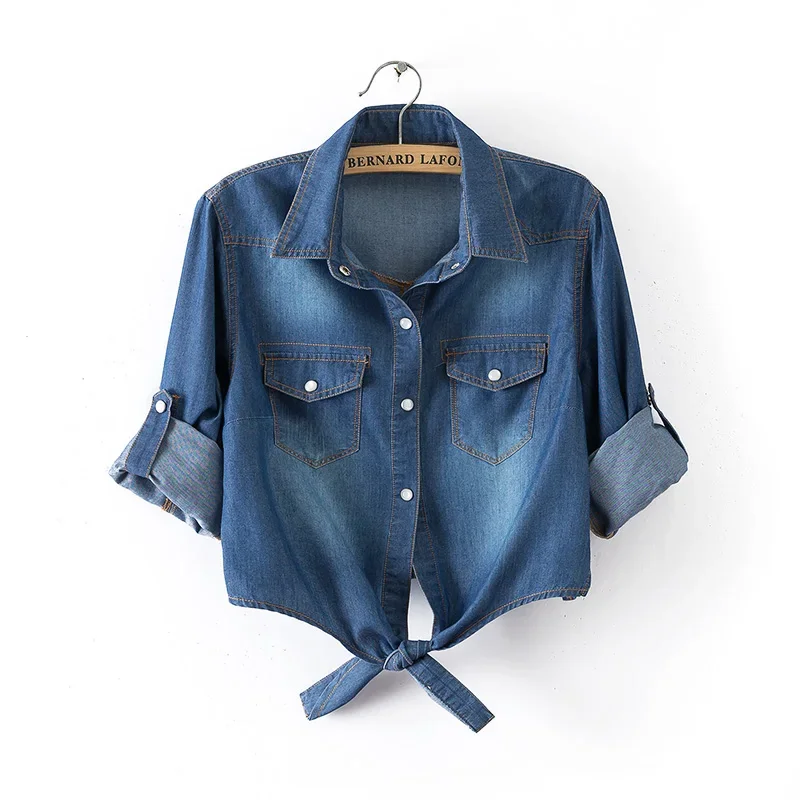 Spring Summer Curly Short Sleeve Thin Denim Jacket Female 6xl fashion Slim Knot Shirt Shawl Women's Outerwear Short Casual Tops