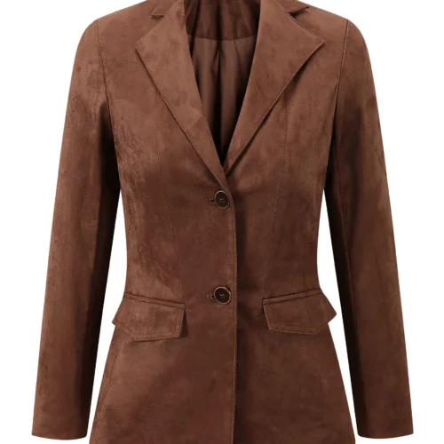 Women's Elegant Vintage Faux Suede Leather Blazer, Brown Single-Breasted Slim Fit Jacket, Office Casual Outerwear for Ladies