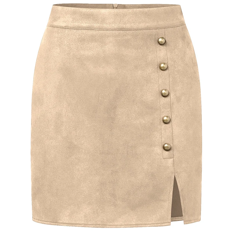 American Metal Button Detor Skirts Women Autumn Winter Sexy Slim Split Mini Skirt Woman Zipper Up Faux Suede Skirts Ladies