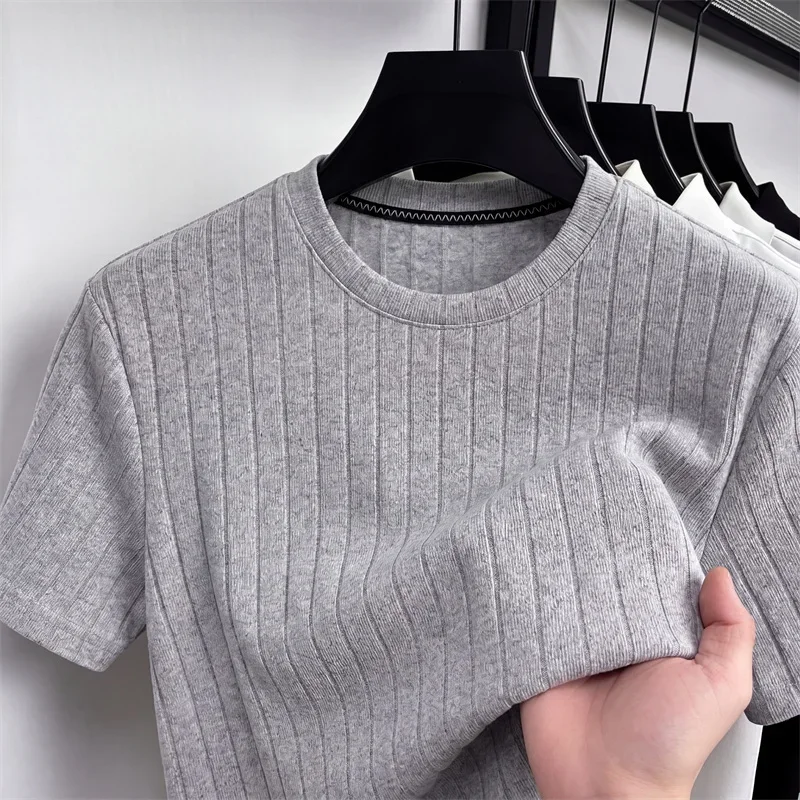 Men's Fashion Ribbed Knit T Shirt With Vertical Stripes Soft Elastic Fabric For Casual And Daily Use