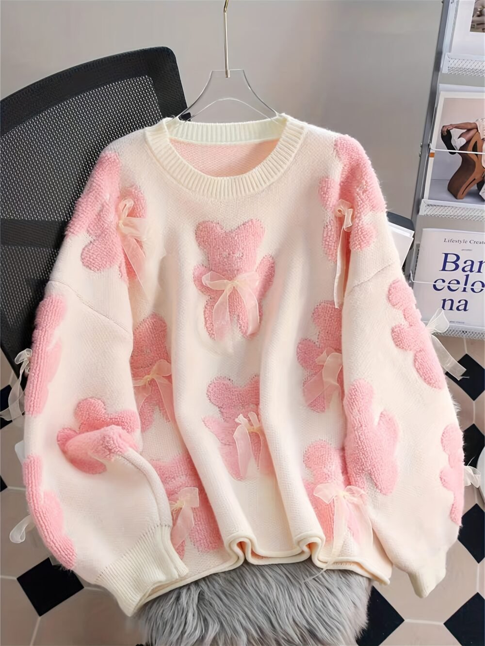 Women's Elegant Bear & Bowknot Knit Sweater – Pink