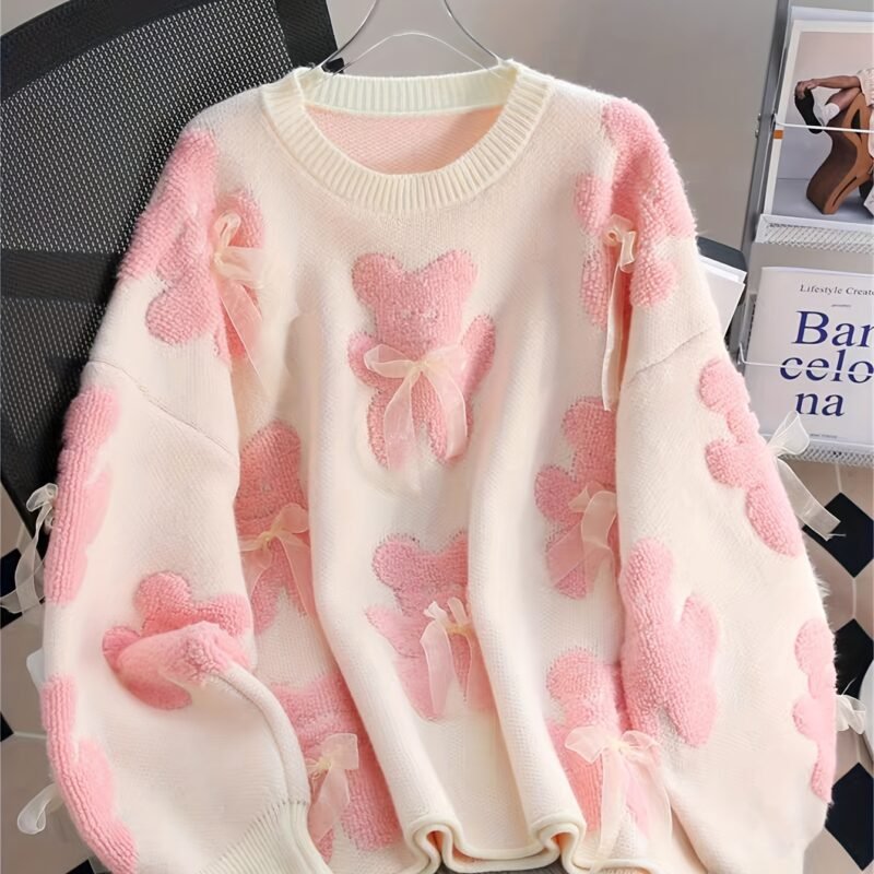 Women's Elegant Bear & Bowknot Knit Sweater – Pink