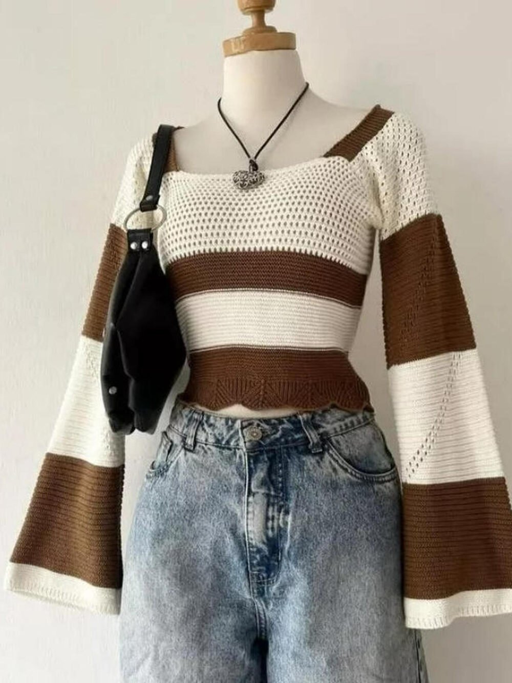 Women's Y2K Bell Sleeve Pullover Sweater – Coffee White