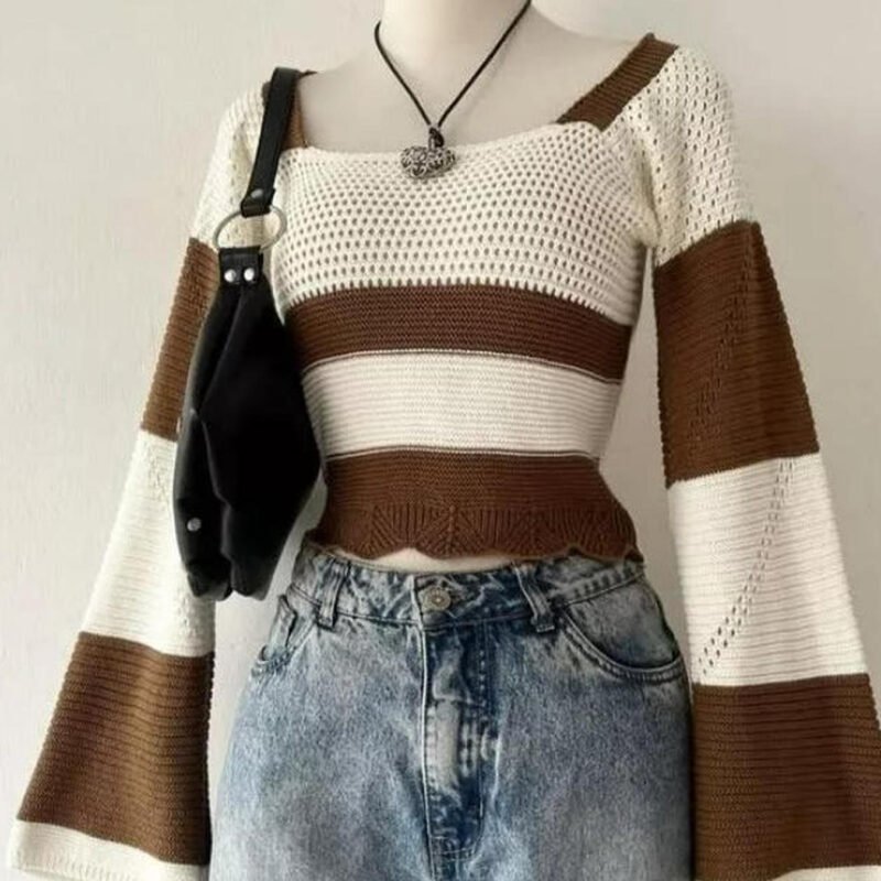 Women's Y2K Bell Sleeve Pullover Sweater – Coffee White