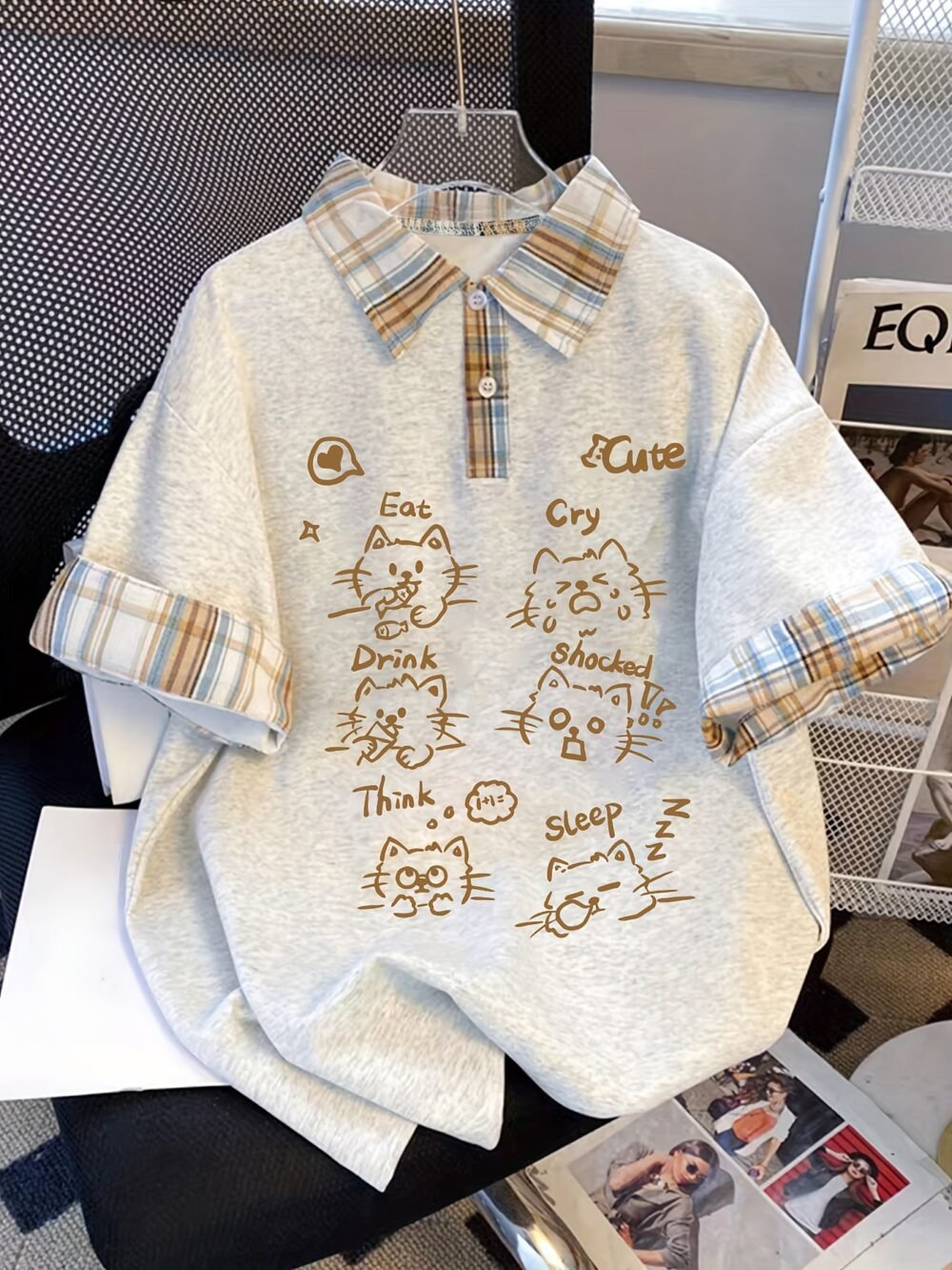 Women's Cute Cat Print Plaid Patchwork Short Sleeve Top