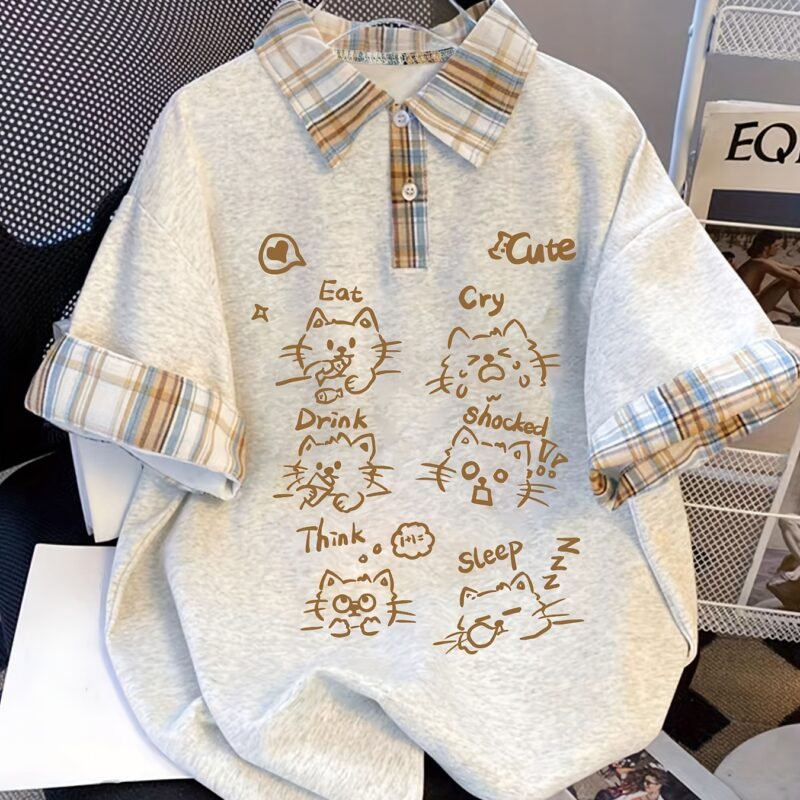 278e8500-c210-46f8-815a-082f1feeb85b.jpg Women's Cute Cat Print Plaid Patchwork Short Sleeve Top