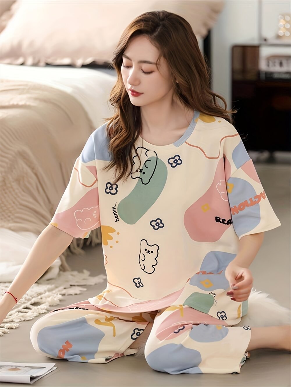 3728d622-9f2b-4f01-9613-b28135fd6223.jpg Women's Casual Round Neck Short Sleeve Pajama Set with Capri Pants