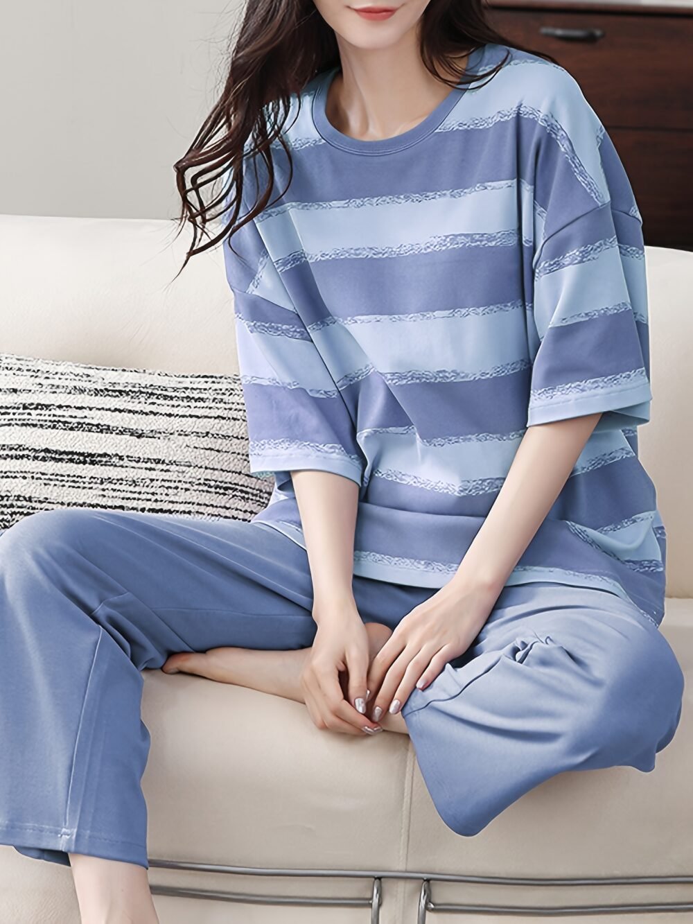 Women's Purple Striped Short Sleeve Pajama Set