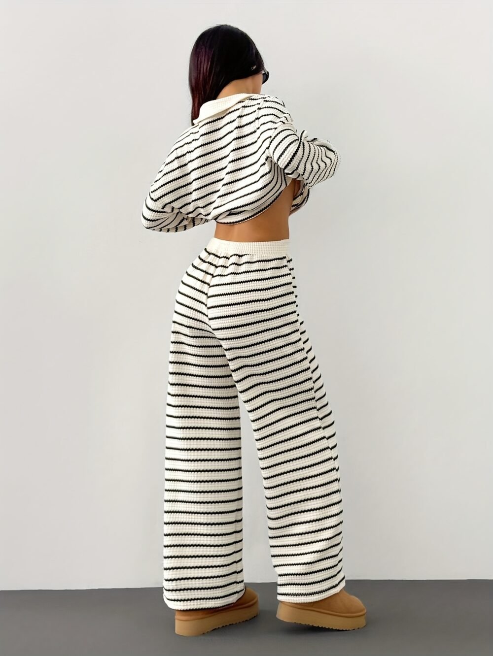 Women's Striped V-Neck Long Sleeve Top & Elastic Waist Pants 2-Piece Set