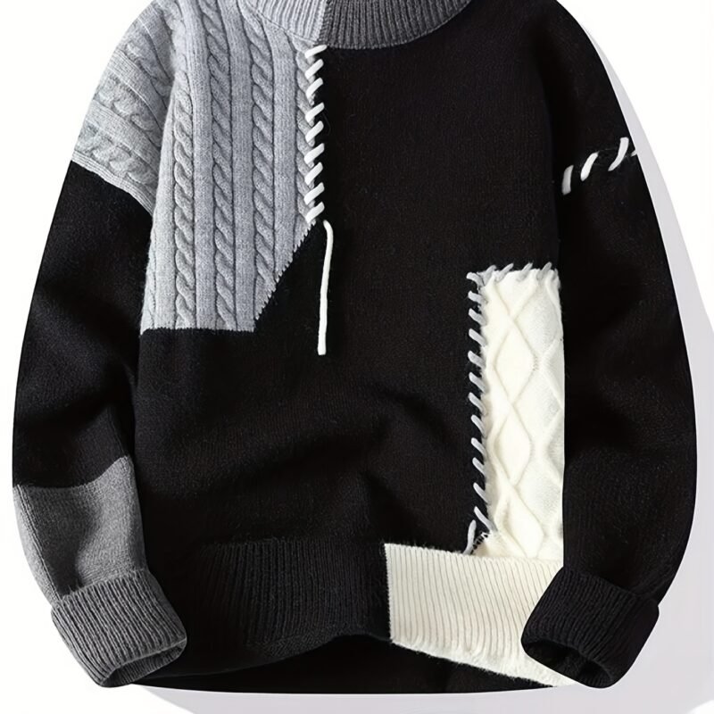 Men's Color-Block Cable Knit Round Neck Sweater
