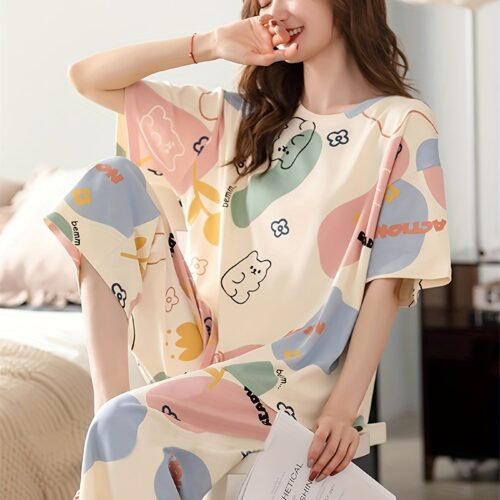 4a24ac46-89ed-495b-8030-9bc4355e964d.jpg Women's Casual Round Neck Short Sleeve Pajama Set with Capri Pants