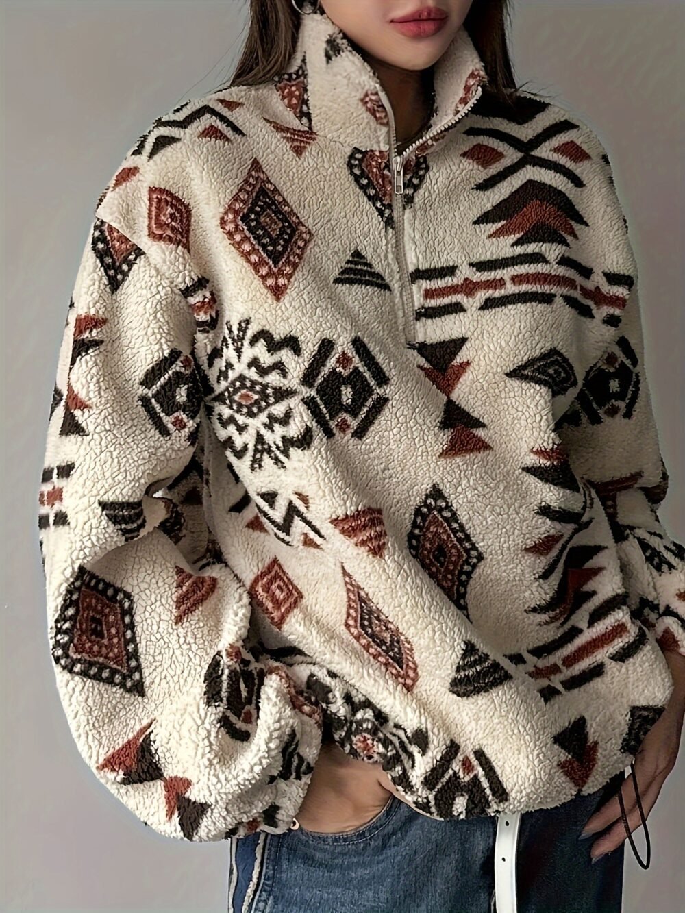 Women's Plush Sweatshirt with Zipper Neck Detail