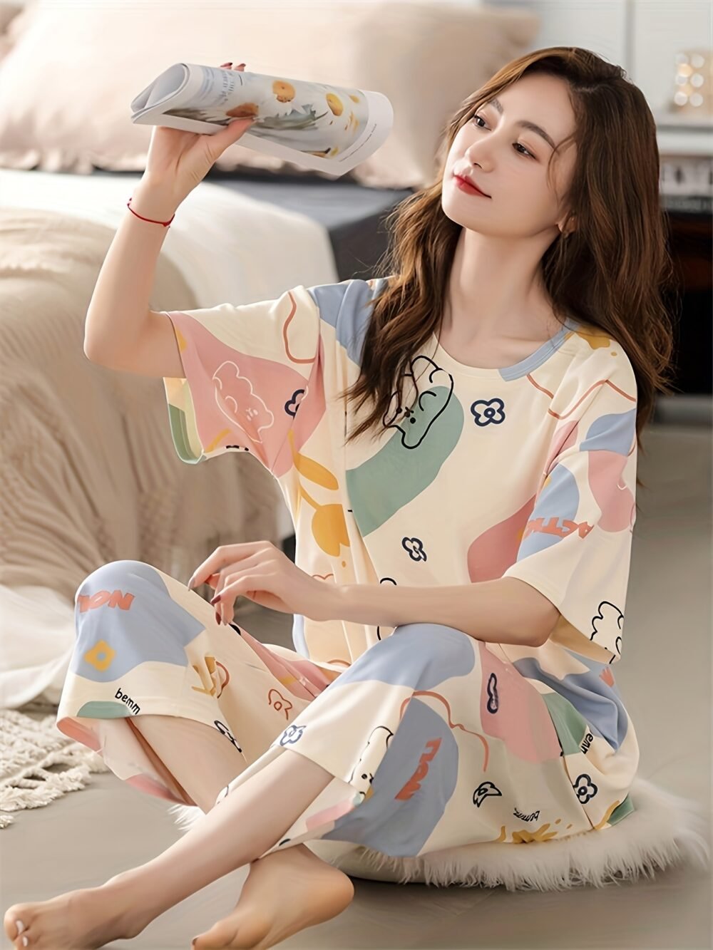 58238a70-91ac-44fa-b22f-28a962e07e73.jpg Women's Casual Round Neck Short Sleeve Pajama Set with Capri Pants