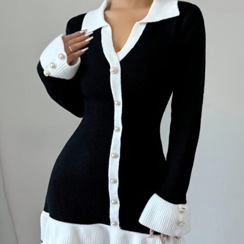 6ae4530e-8008-4440-add3-fa768bd782b7.jpg Women's Elegant Color-Block Lapel Sweater Mini Dress