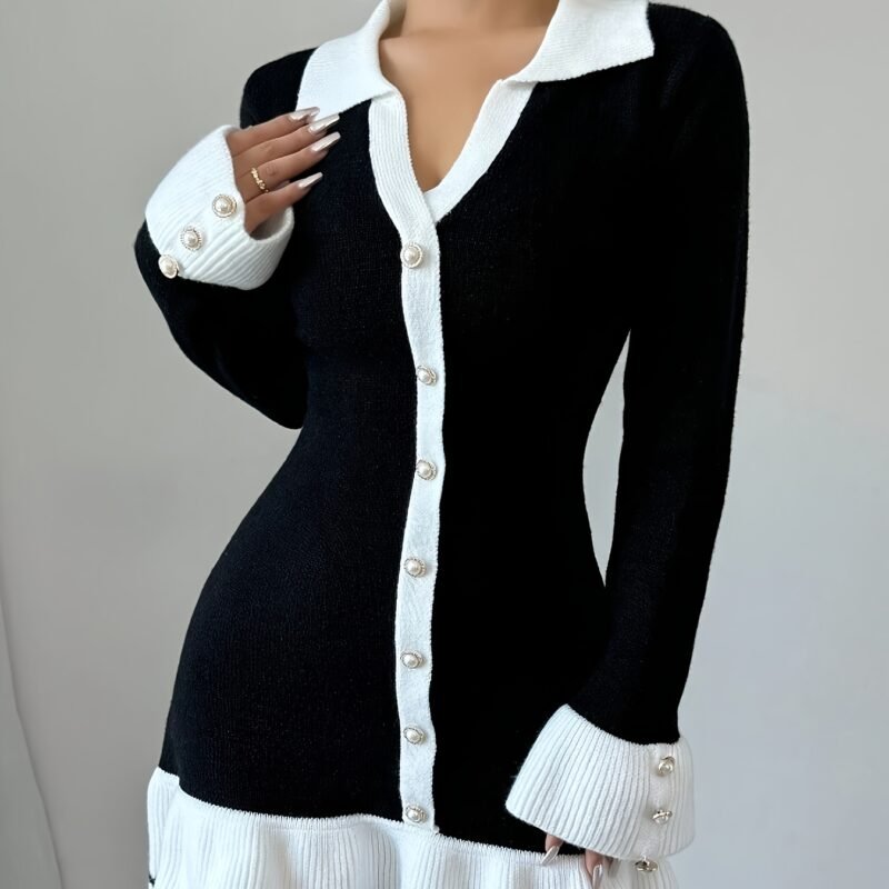 Women's Elegant Color-Block Lapel Sweater Mini Dress