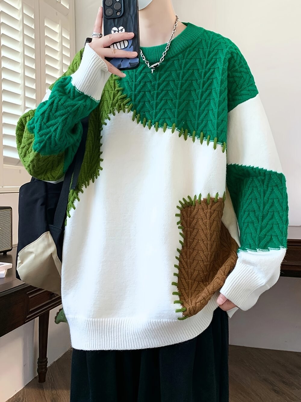 Men's Color-Block Spliced Knit Sweater – Green