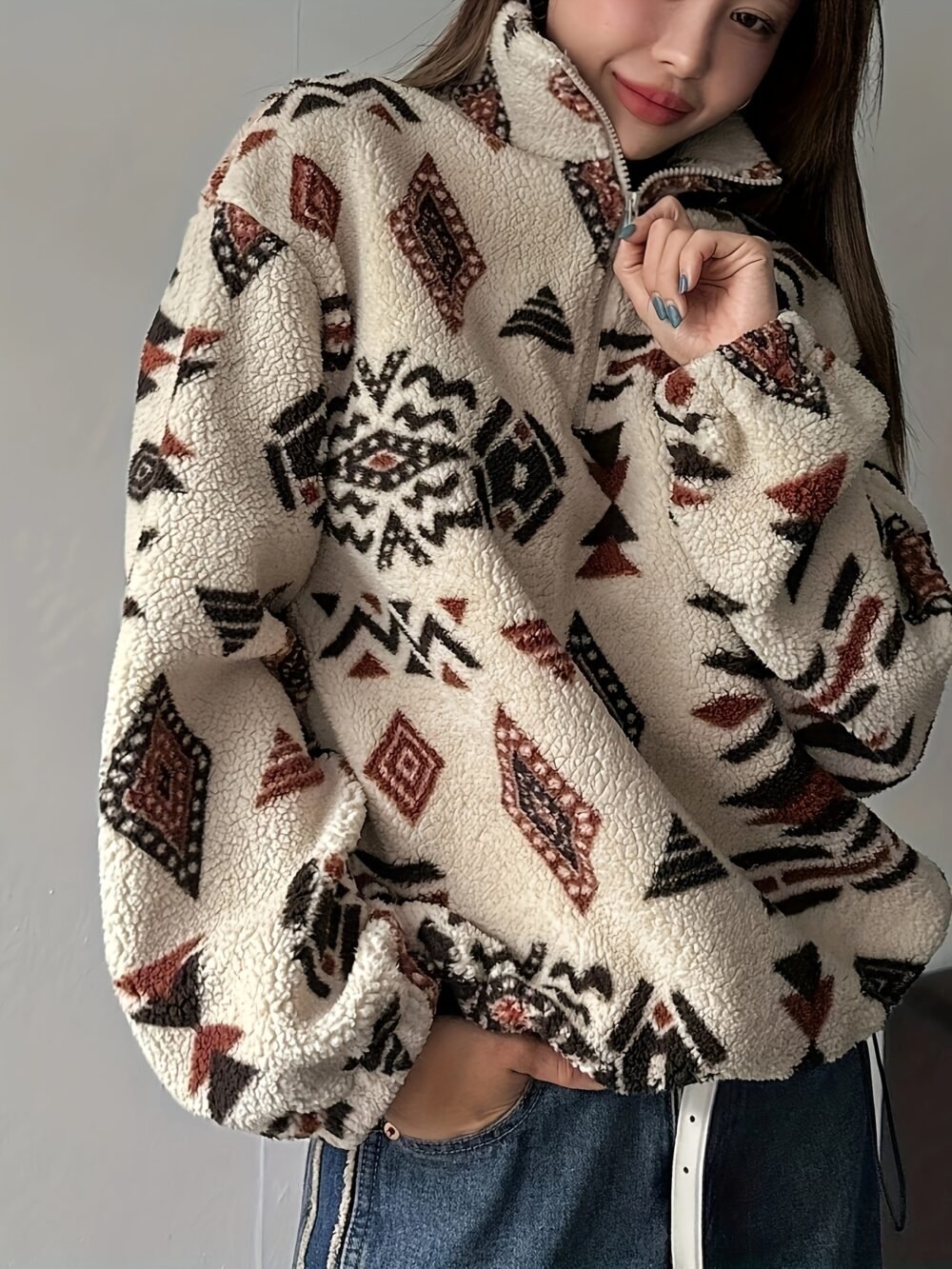 Women's Plush Sweatshirt with Zipper Neck Detail